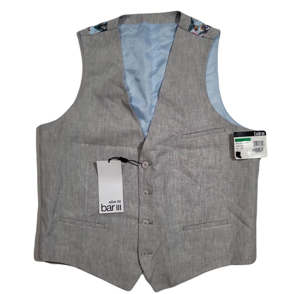 Bar III Slim-Fit Linen Suit‎ Vest Mens Large Grey Textured $115 NEW